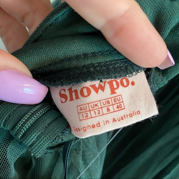 Showpo Women's Like a Vision Emerald Mesh High Slit Spaghetti Strap Gown Size 8 - Picture 10 of 11